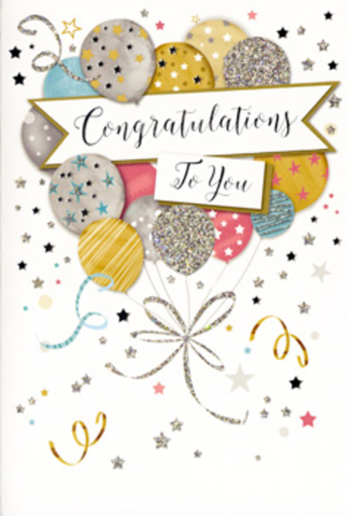 This beautifully illustrated congratulations card offers a sense of quiet grandeur, like stepping into Covent Garden at dusk when the lights begin to glow above the crowd. The main image is a charming bundle of balloons gathered in the centre, overlapping gracefully as if hand-tied by an expert. The balloons are rendered in a palette of soft metallic shades-muted gold, silver, champagne, pale blue, blush pink, and dove grey-with each surface enlivened by tiny stars, slender bands of glitter, or delicate patterns that give a subtle impression of texture. They appear to lift upwards, the fine trailing strings curving down like flowing ribbon on a luxury gift from a nearby boutique. Across this floating cluster stretches a smooth, gently arched banner, carrying the sentiment Congratulations To You in a refined script, its swooping letters adding a sense of importance and warmth. Around the focal design, the light background is scattered with miniature stars, confetti dots, and curling decorative swirls that bring movement to the composition, like festive sparkles drifting over the cobblestones near the market. The overall mood is joyous yet polished, with no harsh colours or shapes, just a calm celebration that feels equally suited to a graduation, a promotion, or a personal success story. As with many arrangements at Flower Delivery Covent Garden, the balance of colour, detail, and space feels deliberate and harmonious. You can imagine this card accompanying an elegant bouquet delivered to a theatre dressing room, office near Long Acre, or cosy flat overlooking the central square, marking an achievement with lasting style.
