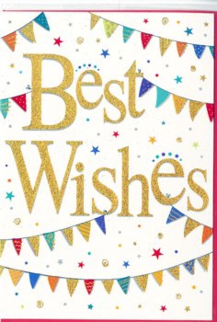 The card in this image radiates a confident, celebratory charm, the kind you might associate with lively evenings and special moments in Covent Garden. At the heart of the design, the message Best Wishes is written in flowing golden script, the lettering shimmering with a foil-like finish that catches even the softest light. The gold is deep and warm, standing out crisply against the pure white background and giving the words a sense of ceremony, as though they were the headline of a cherished announcement. Curving above and below the central text, strands of bunting stretch in gentle arcs, like decorative ribbons strung across a courtyard near the Apple Market. Each small triangular pennant is painted in vivid hues-sapphire and sky blues, ruby reds, lime and forest greens, bright yellows, and soft pinks. Some feature delicate stripes or dots, suggesting individual, hand-crafted attention rather than a uniform print. The bunting frames the golden words in an inviting embrace, creating a festive border that feels dynamic but not overwhelming. Dotted throughout the background are tiny stars and confetti-like spots in complementary colours, scattered lightly across the white space. These little marks give the composition a sense of movement, reminiscent of glittering lights or the last glints of confetti drifting through the air after a celebration in one of Covent Garden's hidden courtyards. Overall, the design is balanced and airy, allowing both the gold lettering and the colourful bunting to breathe. The card exudes positivity and encouragement, making it perfect for congratulating someone on new opportunities, creative achievements, or personal milestones, especially when accompanied by fresh flowers delivered locally by Flower Delivery Covent Garden.