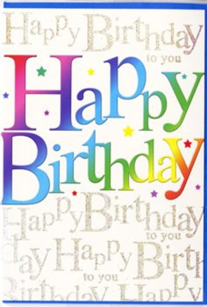 The photographed birthday card exudes the same vibrant energy you'd find wandering through Covent Garden's cobbled streets on a sunny afternoon, with its design that balances bold colour and delicate detail. At first glance, the eye is drawn instantly to the large Happy Birthday message spanning the centre of the card, printed in a confident, rounded typeface that feels joyful and approachable. Each letter is filled with a gradient wash of vivid colour, transitioning smoothly from intense ruby and rose into warm amber, golden yellow, and chartreuse, before sliding down the spectrum to teal, cobalt, and deep violet. The colours mingle like a row of seasonal blooms displayed together at one of the nearby flower stalls off the Piazza, each tone distinct yet part of a harmonious whole. Surrounding this rainbow statement, the background remains a soft, creamy white that allows the typography to stand forward. Layered artistically over this pale ground, fine metallic gold handwriting repeats the phrase Happy Birthday to you diagonally across the card's surface, as though someone has written the sentiment over and over in a moment of affectionate enthusiasm. The gold script has a subtle reflective quality, catching small sparks of light reminiscent of street lamps reflecting on wet cobbles near the Market Building. Sprinkled around the main letters are tiny star shapes and dots in varied colours-petal pinks, aqua blues, citrus yellows, lilacs-each one adding movement, like confetti drifting down over a birthday gathering. The card's finish appears satin-smooth with a gentle sheen, suggesting a quality piece that feels smooth to the touch. Altogether, it conveys festivity and warmth, a perfect card to accompany a hand-tied bouquet delivered for a birthday celebration in and around Covent Garden.