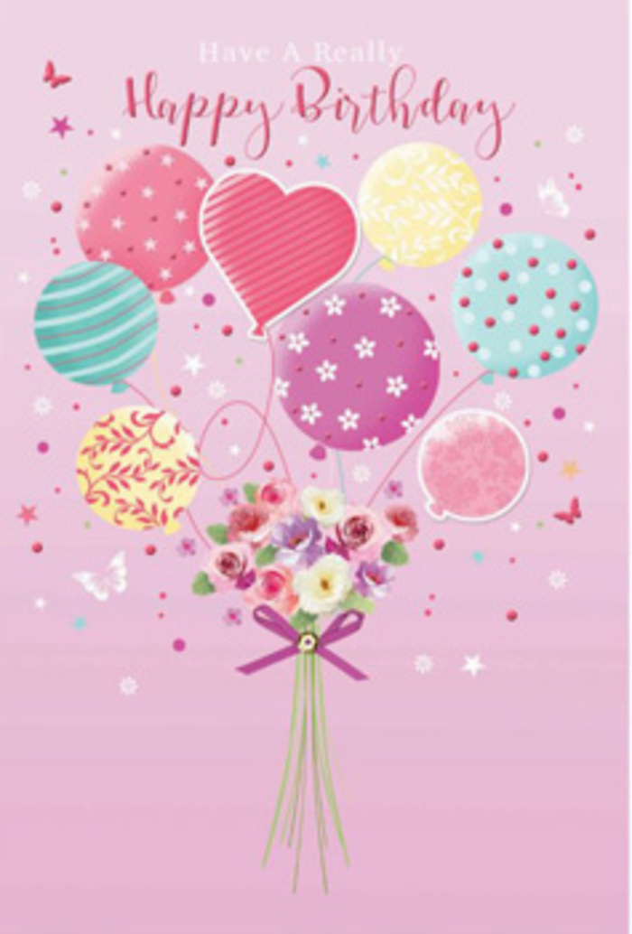 This whimsical birthday illustration presents a bouquet that seems to defy gravity, a scene that would feel perfectly at home above the flower stall displays in Covent Garden. The composition is laid over a smooth, blush-pink background, which provides a soft, romantic glow. At the base of the image, a compact bouquet brims with delicate roses and daisy-like blossoms, each one depicted with intricate petal layers and gentle shading. Colours move gracefully from warm cream to shell pink and into muted mauve, giving the impression of freshly opened, velvety blooms. The flowers are gathered closely, almost nestling into one another, suggesting a carefully hand-tied arrangement crafted by an experienced florist. Wrapping the stems is a rich purple ribbon, tied into a neat bow whose satin finish catches the light and adds a subtle sparkle. Rising above this floral heart, slender strings lift a collection of pastel balloons into the air. These balloons vary in size and design, some decorated with candy-striped bands, others scattered with joyful polka dots, and a few featuring delicate floral and swirl patterns. The colour palette-soft pinks, sea greens, buttery yellows, and pale lavenders-evokes the cheerful hues often seen in shopfront displays near the Covent Garden Market. A heart-shaped balloon at the centre becomes the emotional focal point, suggesting love, gratitude, and celebration all at once. Gentle highlights curve around each balloon, creating depth and the illusion that they are lightly bobbing as if in an outdoor courtyard. Sprinkled throughout are tiny stars and fluttering butterflies, which add a sense of magic and motion, like birthday wishes floating upward into the London sky. The overall effect is one of lightness, joy, and affectionate celebration.