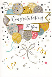 This congratulations card captures the spirit of celebration with the same artistry you might find in a Covent Garden shop window. At its heart is a rounded cluster of illustrated balloons, grouped together in a way that instantly recalls a bouquet of carefully chosen blooms. The balloons are coloured in gentle festive tones-warm gold, cool silver, champagne, sky blue, soft pink, and subtle grey-and each features tiny decorative details: shimmering stars, slim glittering stripes, or scattered specks that suggest a light dusting of confetti. A graceful banner runs across the middle, bearing the message Congratulations To You in flowing calligraphy that feels both heartfelt and composed. Surrounding this central motif, a pale, uncluttered background is brought to life by small metallic stars and swirling ribbon shapes that curl and weave as if swaying to the rhythm of nearby street musicians in the Piazza. The illustration gives a sense of soft sheen and subtle sparkle, like evening lights reflecting off glass and stone. You can almost imagine the slightly raised feel of the print and the smooth finish of the card as you hold it while choosing flowers from stalls along the market arcade. The overall effect is one of uplift and grace-perfect for honouring achievements big or small, from promotions in nearby offices to closing night congratulations after a performance. Paired with fresh flowers from a local florist, this card becomes a visual expression of pride and shared happiness at the very heart of London's theatre and market quarter.
