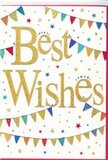In this image, a festive Best Wishes card glows with joyful simplicity, as if it has captured the lively spirit of Covent Garden on a bright day. The centre of the card is dominated by the phrase Best Wishes, rendered in elegant, sweeping golden script that shimmers against a clean white background. The lettering looks slightly raised, as though embossed with fine metallic foil, inviting the hand to trace each graceful curve. Surrounding the message, strings of colourful bunting arc gently across the top and bottom of the design, reminiscent of cheerful decorations strung between buildings around the Covent Garden Piazza. Each small triangular pennant is a different colour-vivid blues, rich reds, fresh greens, sunshine yellows, and playful pinks-and a few carry fine stripes or delicate dots that add texture and charm. The bunting seems to hang lightly in the air, framing the golden words with a sense of easy celebration. Scattered around the bunting and lettering, tiny star shapes and confetti-like dots float across the white space in matching hues, like fragments of confetti caught mid-fall after a toast or a round of applause. The layout feels open and well-balanced, with plenty of white around the design so the eyes naturally rest on the shining gold message. The overall mood is optimistic, warm, and inclusive-a card that could celebrate a promotion, a graduation, a move to a new flat nearby, or any personal success. Paired with a bouquet delivered by a local Covent Garden florist, it becomes a tangible way to share heartfelt pride, encouragement, and joy from just around the corner.