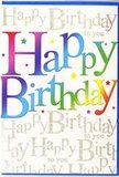 In this image, a joyful birthday card stands ready to accompany a bouquet delivered to a doorstep near Covent Garden, its front alive with colour and subtle sparkle. The central feature is the phrase Happy Birthday, set in large, rounded letters that stretch confidently across the card. Each letter holds a velvety gradient that moves through the rainbow, starting with rich cherry and wine tones, drifting into mandarin orange and buttery yellow, then gliding into apple green, aqua, sapphire, and finishing in velvety purple. The flow of colour has the fluid ease of a painter's brushstroke or a florist's careful blending of tones in a celebratory arrangement. Behind these exuberant letters, the backdrop is a soft off-white, calm and understated. Over this neutral base dances a delicate pattern of metallic gold script, repeating Happy Birthday to you in gently slanting lines. The cursive writing is fine and slightly looping, and the metallic finish gives off a quiet shimmer whenever the card catches the light, calling to mind the evening glow around the Covent Garden Piazza. Scattered across the composition are small, playful stars and dots in coordinating rainbow hues, like miniature confetti pieces suspended in the air at the peak of a birthday cheer. The card's surface appears smooth and lightly glossy, suggesting a pleasing tactile feel in the hand. Overall, the combination of bright rainbow lettering, refined gold script, and scattered festive details creates a design that feels both modern and heartfelt-an ideal birthday greeting to sit beside fresh flowers at a celebratory meal or cosy gathering in central London.