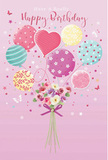 This charming birthday card artwork feels like a lighthearted tribute to the floral creativity found around Covent Garden, turning flowers and balloons into a single, uplifting scene. The background is a soft, powder-pink canvas, smooth and luminous, allowing the central composition to stand out with clarity and warmth. At the bottom, a small hand-tied bouquet forms the anchor of the design. It is filled with petite roses and anemone-like blossoms, their petals soft, rounded, and gently overlapping. Cream, blush, and gentle mauve shades blend into one another, creating the impression of freshly arranged blooms waiting to be delivered from a local florist near the market square. A deep violet satin bow hugs the stems, its rich colour and glossy sheen adding an elegant, festive touch, as if the bouquet has just been finished and tied by hand. From this cluster of blossoms, slender strings rise upwards and connect with a flurry of pastel balloons floating above. These balloons come in soft, joyful hues-rosy pink, teal green, pale yellow, and lavender-and each one is embellished with its own pattern: looping stripes, scattered dots, swirling lines, and tiny floral accents. At the very centre hovers a heart-shaped balloon, its rounded form and gentle highlights radiating affection and warmth, perfect for sending love on someone's special day. Light glows along the curves of the balloons, suggesting movement as though they're gently drifting across a Covent Garden courtyard. Around them, tiny stars and delicate butterflies dance in the air, infusing the scene with a fairy-tale charm that mirrors the simple happiness of receiving a beautifully arranged birthday bouquet.